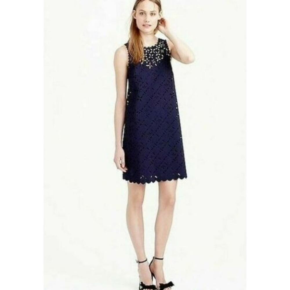 J. Crew Womens Blue Sleeveless Shift Dress Size 2 Cocktail Eyelet Cut Out Floral